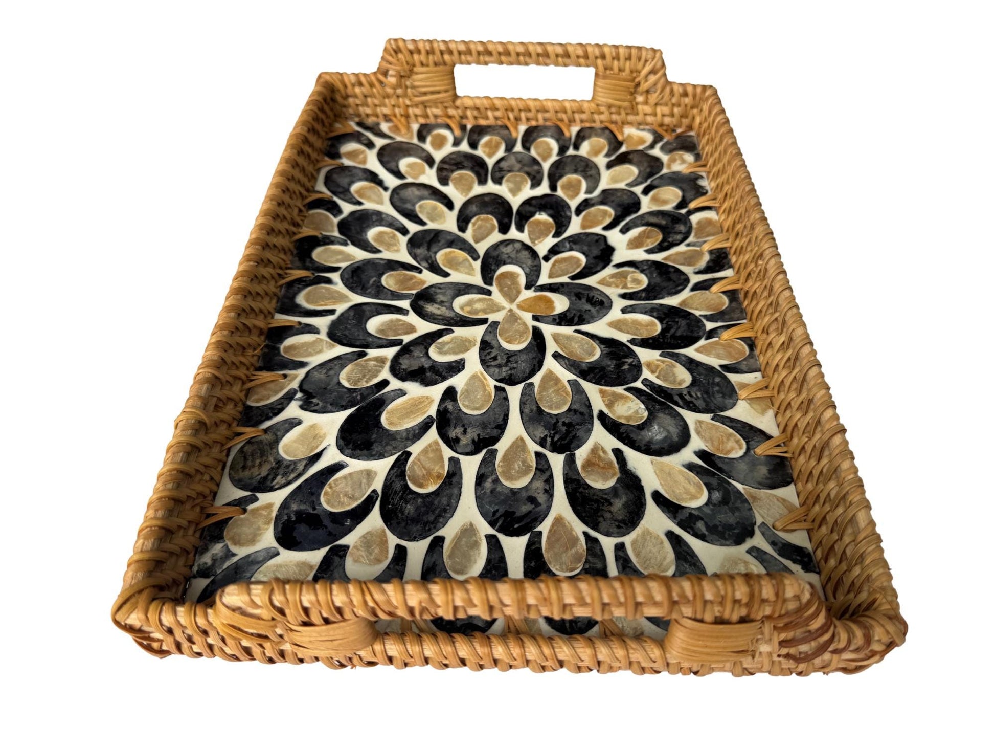 Rectangular Rattan Serving Tray with Handles, Mother of Pearl Inlay Wicker Tray for Coffee Table, Kitchen Organizer, Boho Home Decor Gift 137