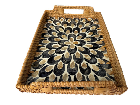 Rectangular Rattan Serving Tray with Handles, Mother of Pearl Inlay Wicker Tray for Coffee Table, Kitchen Organizer, Boho Home Decor Gift 137