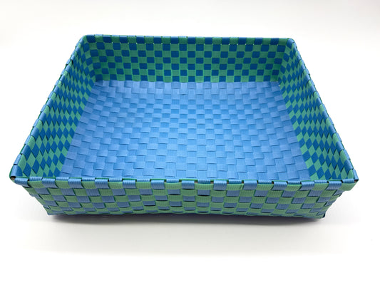 Checkered Woven Plastic Tray, Colorful Handwoven Serving Tray, Large Boho Catchall Basket, Waterproof Bathroom Vanity Tray, Desk Organizer