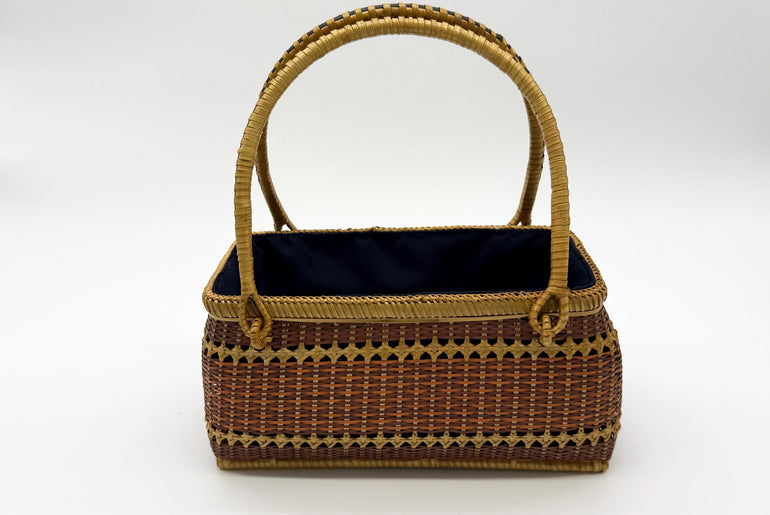 Handwoven Rectangular Bamboo Handbag, Wicker Basket Purse with Fabric Lining, Boho Top Handle Bag, Summer Tote, 9.4x3.9x10.2in