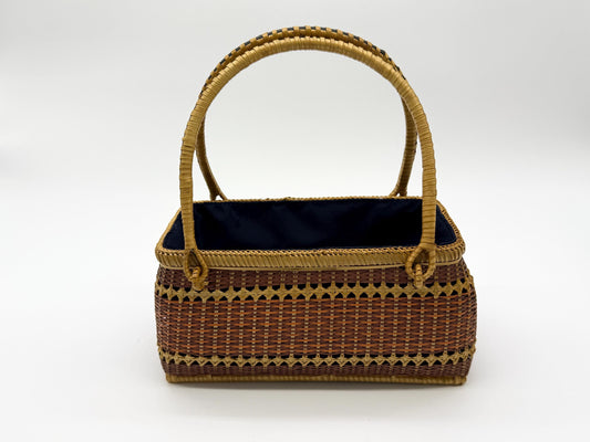 Handwoven Rectangular Bamboo Handbag, Wicker Basket Purse with Fabric Lining, Boho Top Handle Bag, Summer Tote, 9.4x3.9x10.2in