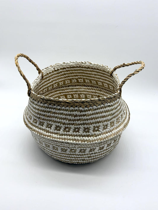 Handwoven Seagrass Storage Basket with Handles, White Pattern Wicker Basket, Foldable Woven Planter Basket, Boho Home Decor, 13.8in