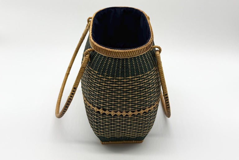 Handwoven Bamboo Handbag, Vintage Rattan Purse, Handmade Wicker Basket Bag with Fabric Lining, Boho Summer Shoulder Tote, 9.1x3.7x16.1in