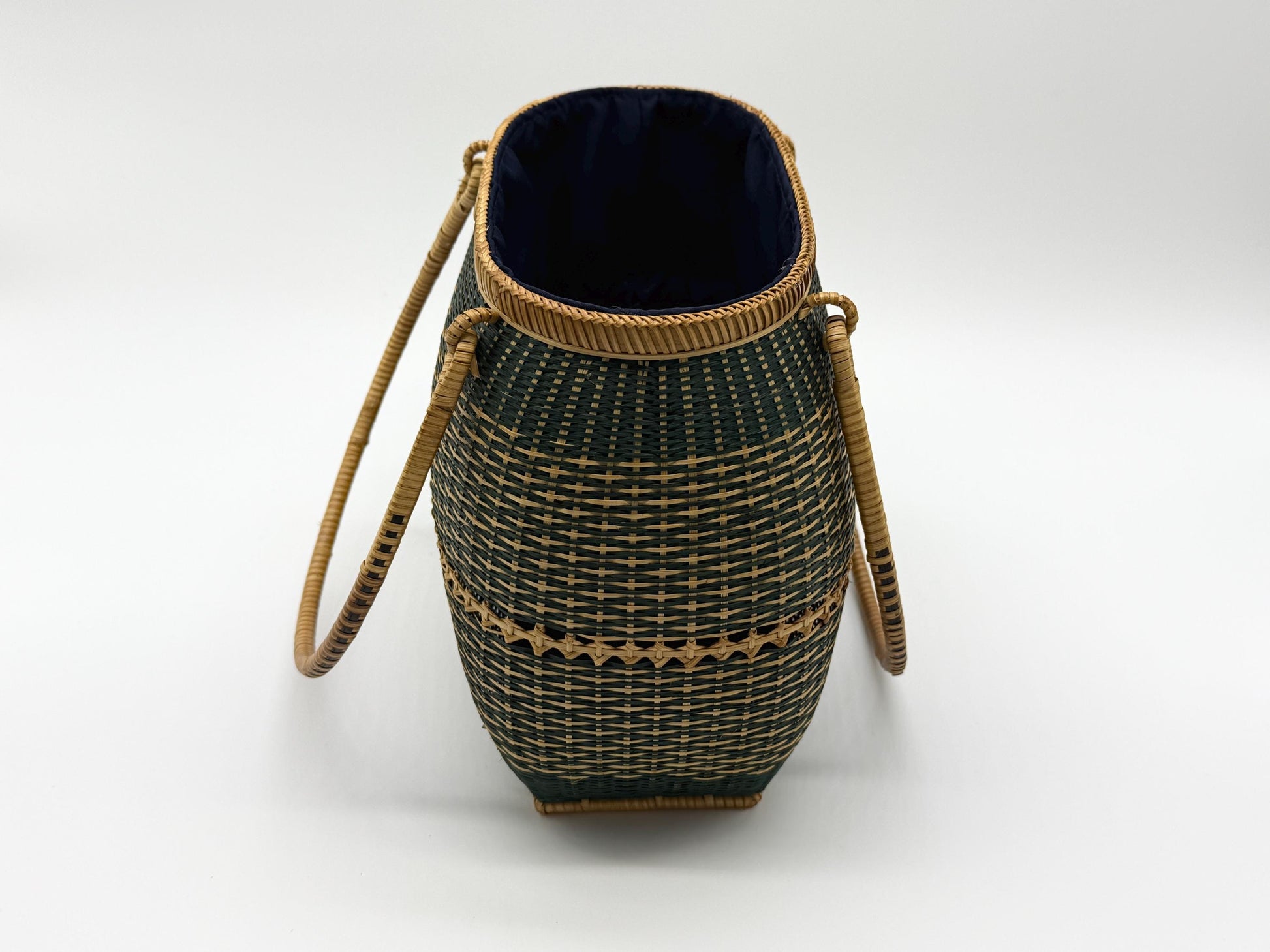 Handwoven Bamboo Handbag, Vintage Rattan Purse, Handmade Wicker Basket Bag with Fabric Lining, Boho Summer Shoulder Tote, 9.1x3.7x16.1in