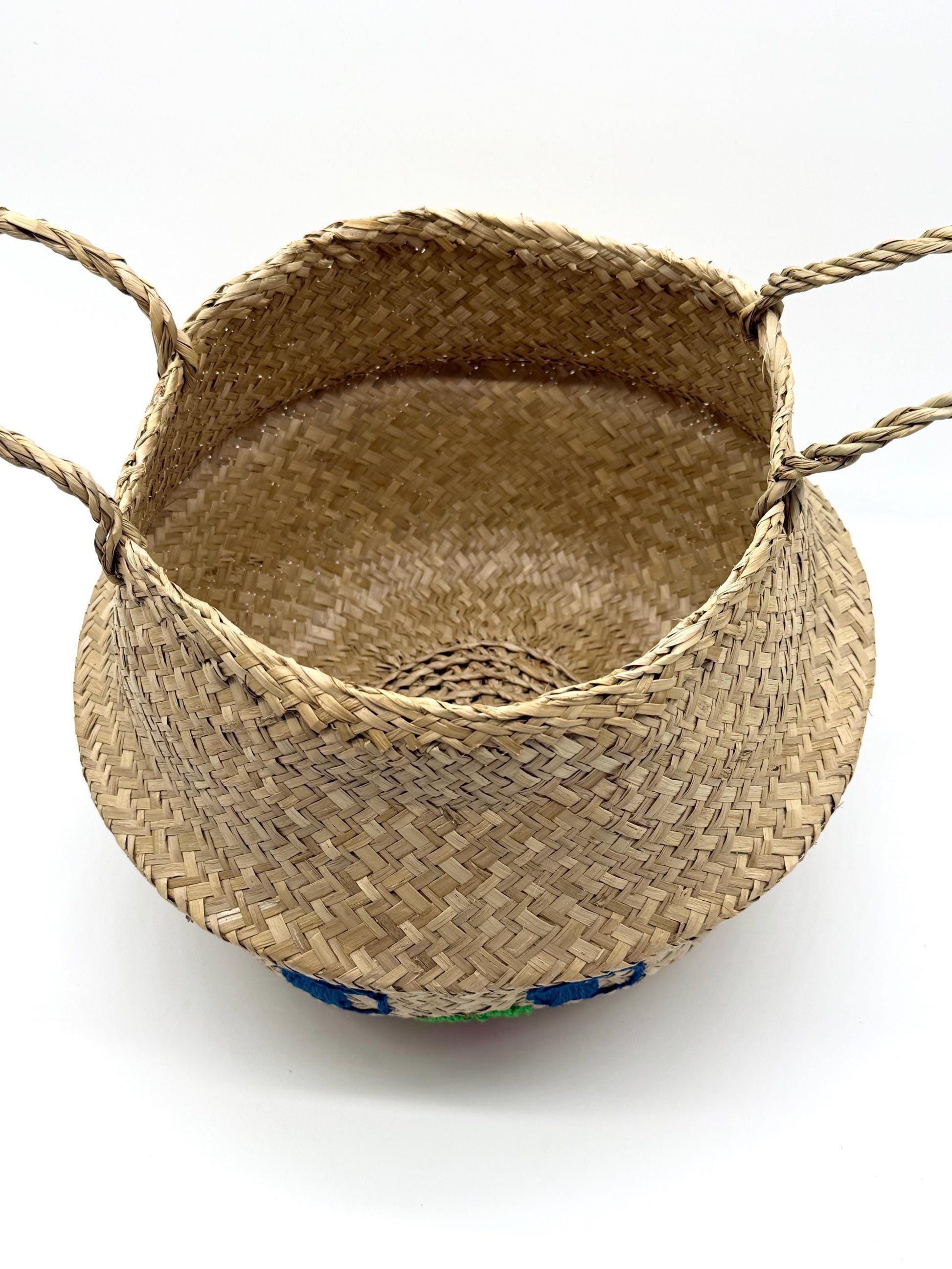 Bunny Face Seagrass Storage Basket with Handles, Foldable Woven Basket, Blanket Storage Bin, Boho Room Decor, 13.8in