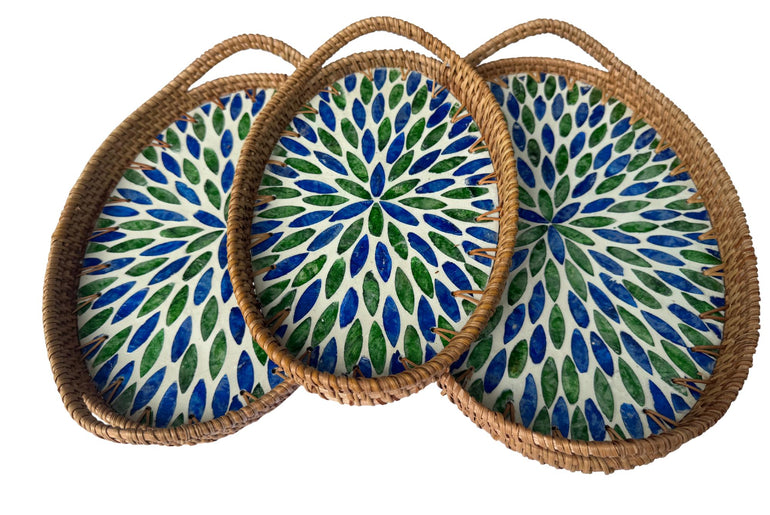Oval Rattan Tray with Handles and Mother of Pearl Inlay Base, Handmade Woven Serving Tray, Boho Home Decor, Handmade Vietnam