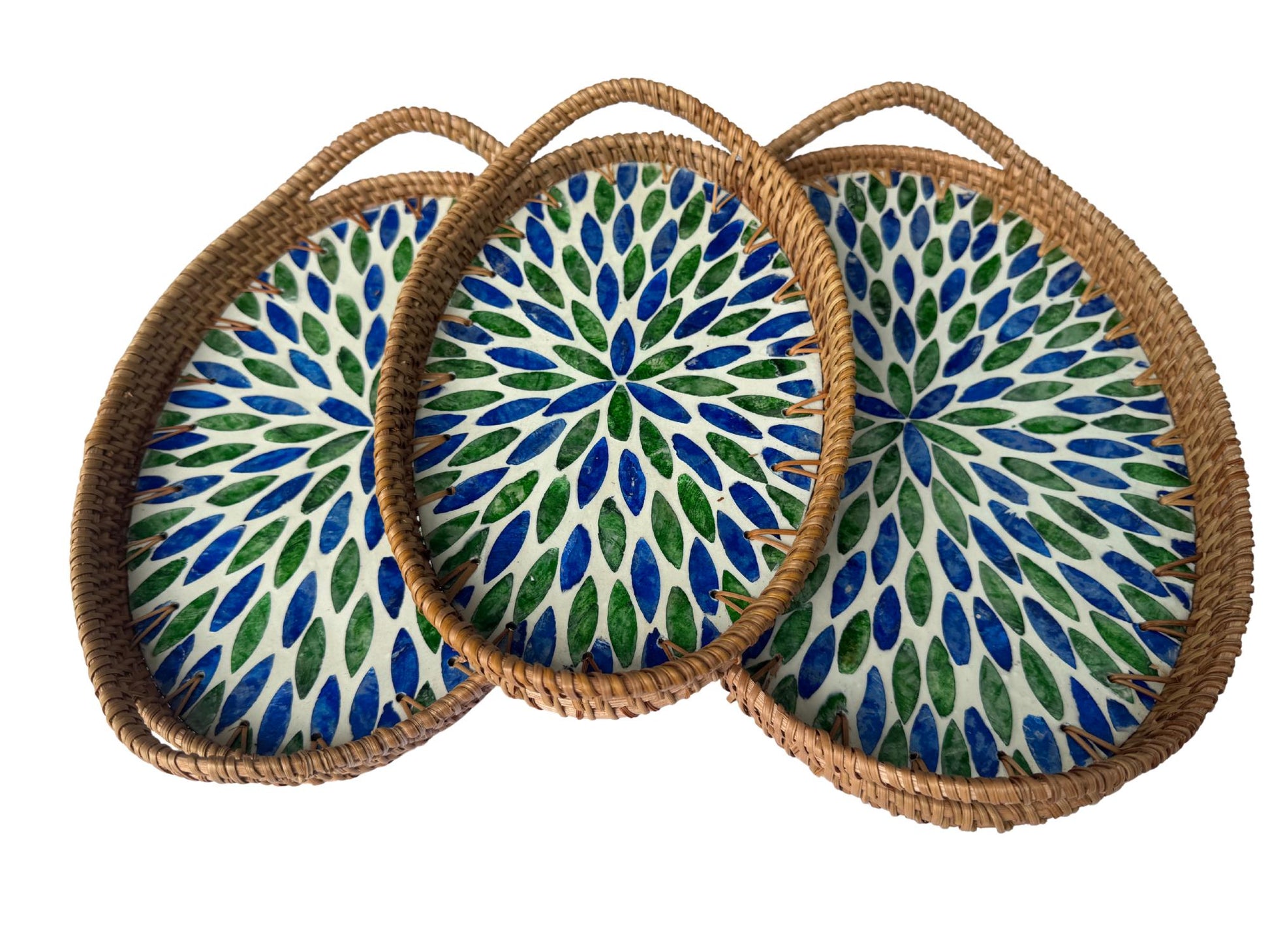 Oval Rattan Tray with Handles and Mother of Pearl Inlay Base, Handmade Woven Serving Tray, Boho Home Decor, Handmade Vietnam