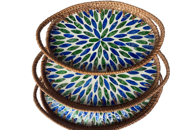 Oval Rattan Tray with Handles and Mother of Pearl Inlay Base, Handmade Woven Serving Tray, Boho Home Decor, Handmade Vietnam