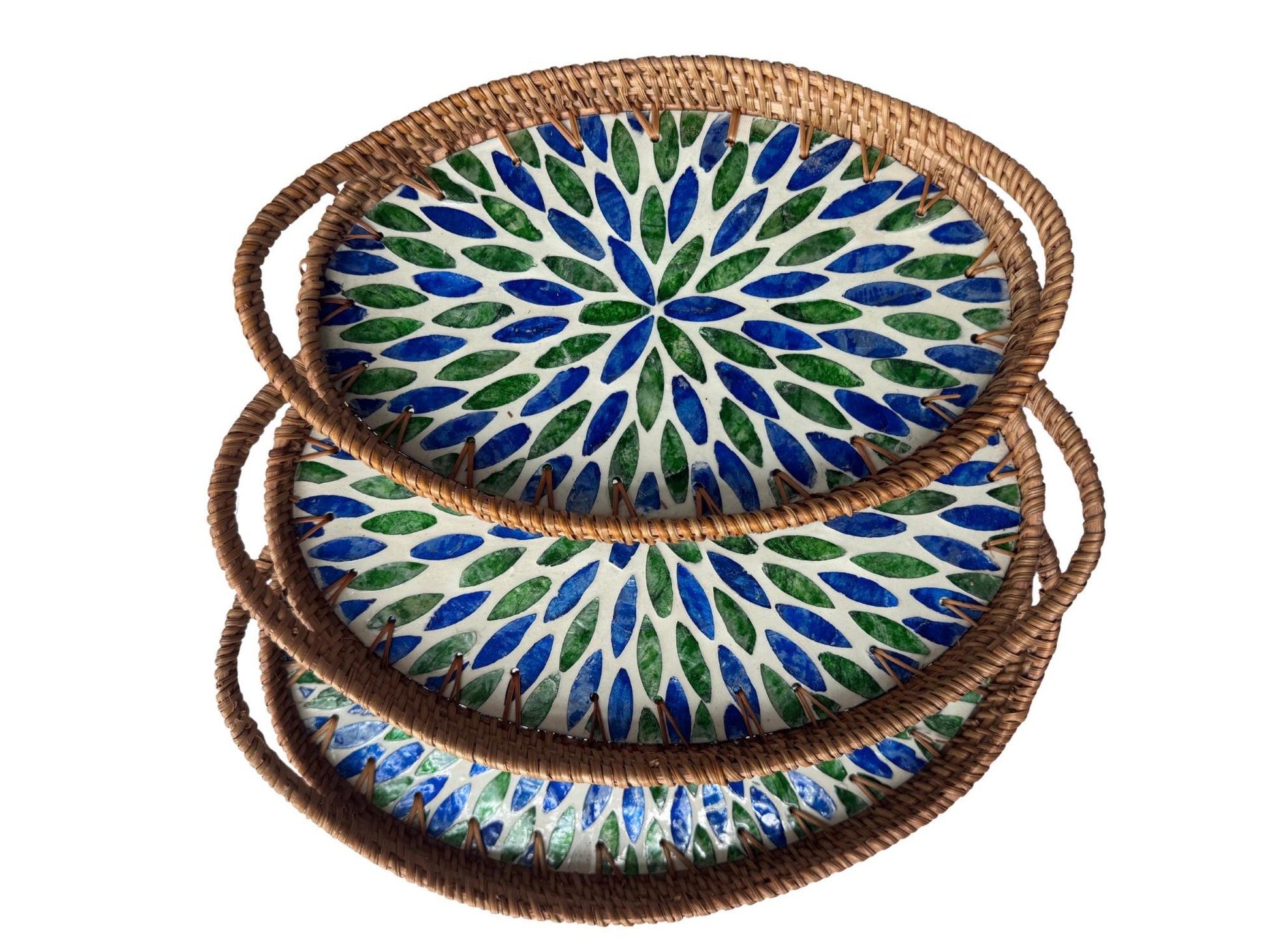 Oval Rattan Tray with Handles and Mother of Pearl Inlay Base, Handmade Woven Serving Tray, Boho Home Decor, Handmade Vietnam