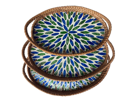 Oval Rattan Tray with Handles and Mother of Pearl Inlay Base, Handmade Woven Serving Tray, Boho Home Decor, Handmade Vietnam