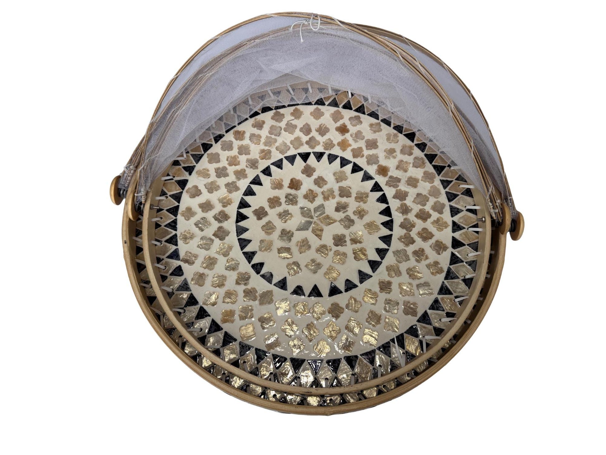 Bamboo Food Cover with Mother of Pearl Tray, Foldable Mesh Food Tent, Handmade Serving Tray, Fruit Cover, Kitchen Decor