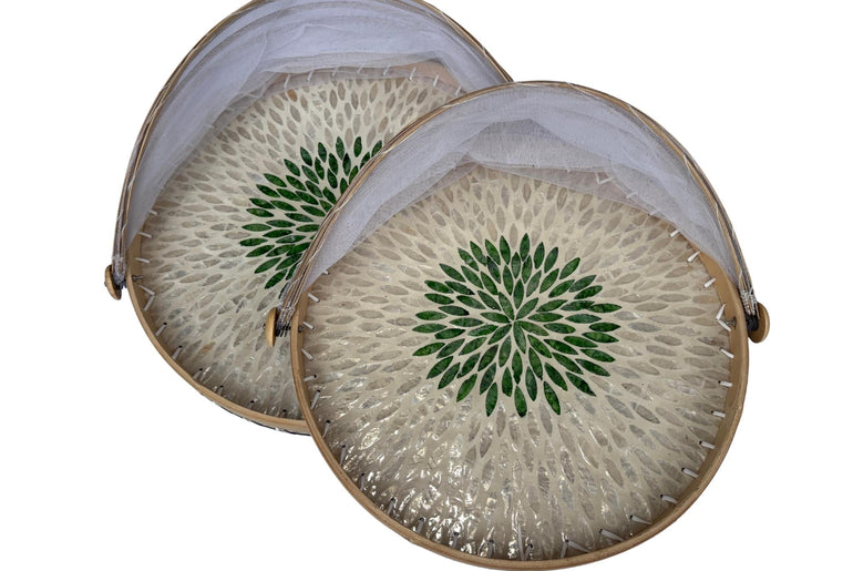 Bamboo Food Cover with Mother of Pearl Tray, Foldable Mesh Food Tent, Handmade Serving Tray, Fruit Cover, Kitchen Decor