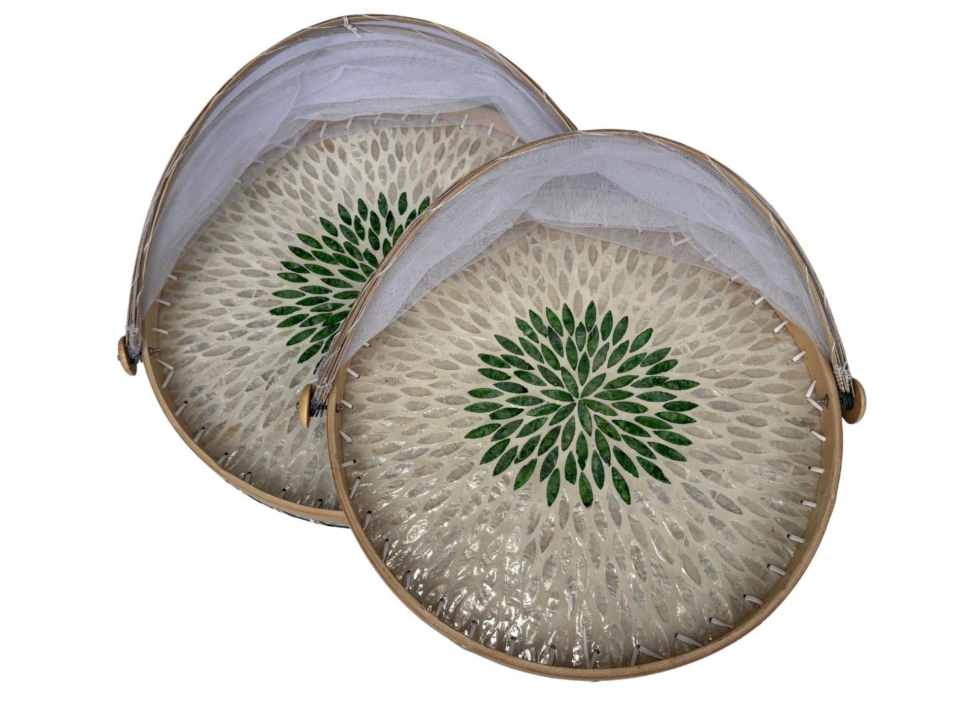 Bamboo Food Cover with Mother of Pearl Tray, Foldable Mesh Food Tent, Handmade Serving Tray, Fruit Cover, Kitchen Decor