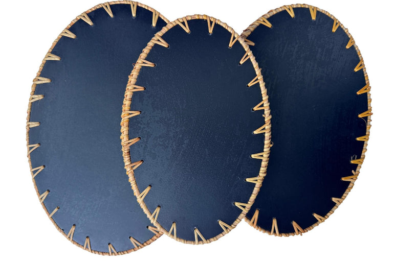 Oval Rattan Tray with Mother of Pearl Inlay – Boho Coffee Table, Ottoman Styling, Serving