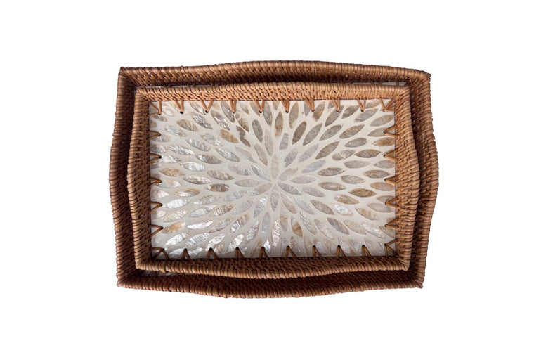 Scalloped Edge Rattan Rectangular Tray with Mother of Pearl Inlay – Handmade Decorative Serving Tray, Natural Woven Tray, Coffee Table Decor