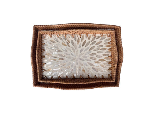Scalloped Edge Rattan Rectangular Tray with Mother of Pearl Inlay – Handmade Decorative Serving Tray, Natural Woven Tray, Coffee Table Decor