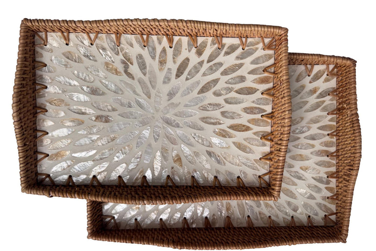 Scalloped Edge Rattan Rectangular Tray with Mother of Pearl Inlay – Handmade Decorative Serving Tray, Natural Woven Tray, Coffee Table Decor