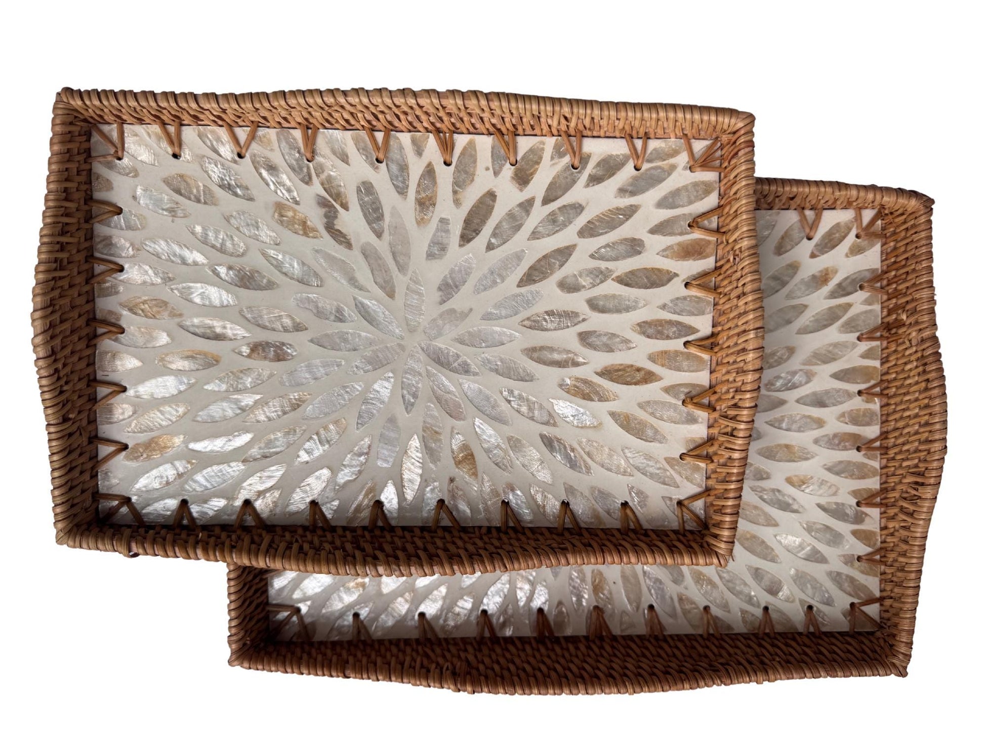 Scalloped Edge Rattan Rectangular Tray with Mother of Pearl Inlay – Handmade Decorative Serving Tray, Natural Woven Tray, Coffee Table Decor