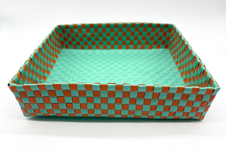Checkered Woven Plastic Tray, Colorful Handwoven Serving Tray, Large Boho Catchall Basket, Waterproof Bathroom Vanity Tray, Desk Organizer