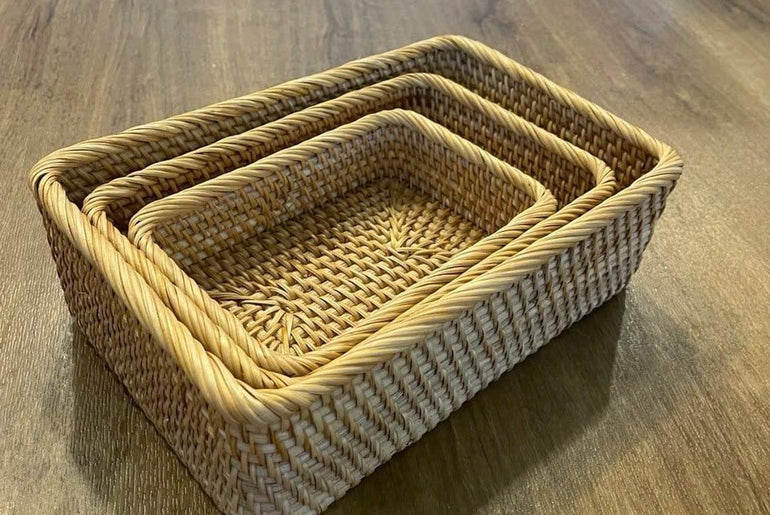 Handwoven Rattan Tray Set - Natural Wicker Basket Organizer | Rustic Decor for Kitchen & Home 157