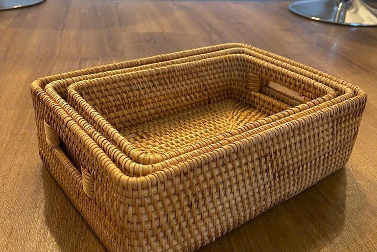 Handwoven Peeled Rattan Tray with Handle - Natural Vietnamese Craft | Lightweight & Versatile Organizer 158