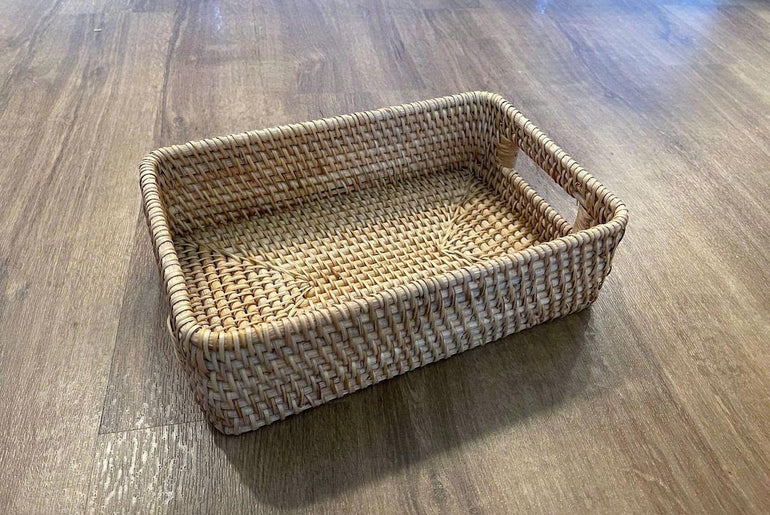 Handwoven Peeled Rattan Tray with Handle - Natural Vietnamese Craft | Lightweight & Versatile Organizer 158