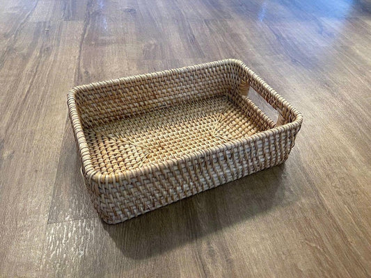 Handwoven Peeled Rattan Tray with Handle - Natural Vietnamese Craft | Lightweight & Versatile Organizer 158