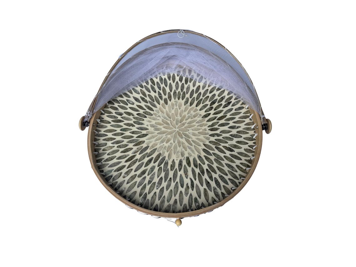 Round Bamboo Food Cover with Mesh Dome, Mother of Pearl Inlay Bamboo Tray, Handmade Food Protector, Kitchen Serving Tray 16 Inch