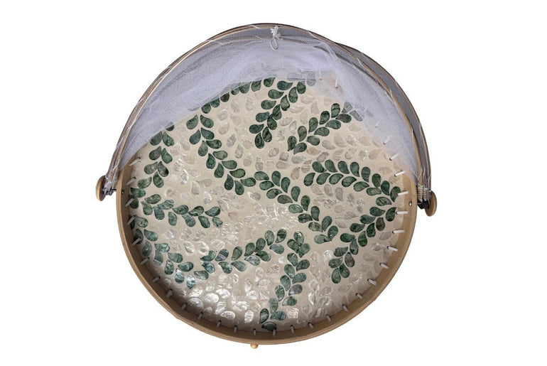 Round Bamboo Food Cover with Mesh Dome, Mother of Pearl Inlay Bamboo Tray, Handmade Food Protector, Kitchen Serving Tray 16 Inch
