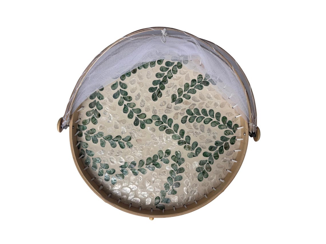 Round Bamboo Food Cover with Mesh Dome, Mother of Pearl Inlay Bamboo Tray, Handmade Food Protector, Kitchen Serving Tray 16 Inch