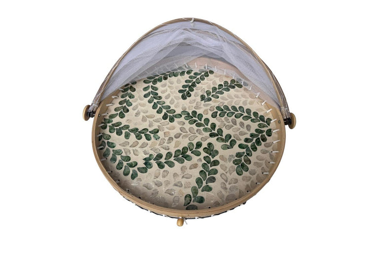 Round Bamboo Food Cover with Mesh Dome, Mother of Pearl Inlay Bamboo Tray, Handmade Food Protector, Kitchen Serving Tray 16 Inch