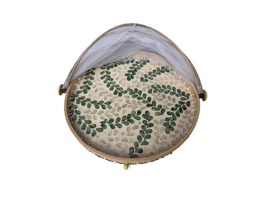 Round Bamboo Food Cover with Mesh Dome, Mother of Pearl Inlay Bamboo Tray, Handmade Food Protector, Kitchen Serving Tray 16 Inch