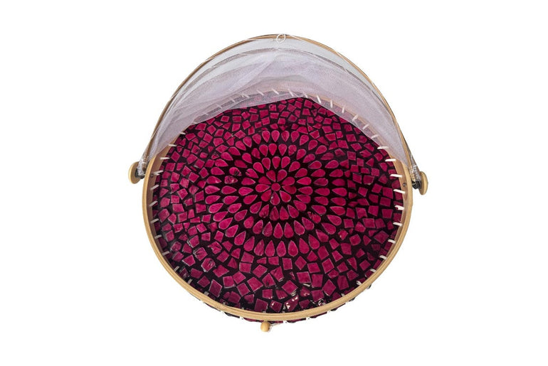 Round Bamboo Food Cover with Mesh Dome, Mother of Pearl Inlay Bamboo Tray, Handmade Food Protector, Kitchen Serving Tray 16 Inch