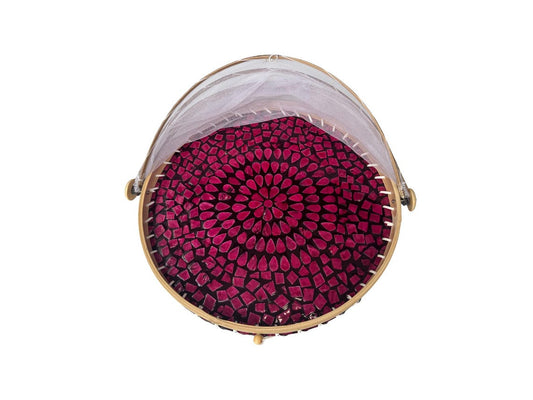Round Bamboo Food Cover with Mesh Dome, Mother of Pearl Inlay Bamboo Tray, Handmade Food Protector, Kitchen Serving Tray 16 Inch