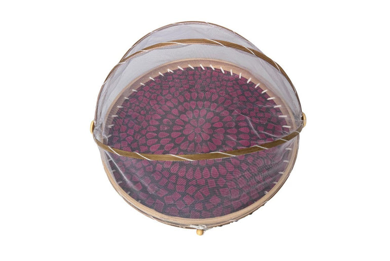 Round Bamboo Food Cover with Mesh Dome, Mother of Pearl Inlay Bamboo Tray, Handmade Food Protector, Kitchen Serving Tray 16 Inch