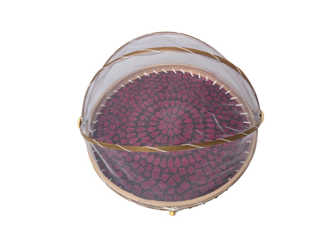 Round Bamboo Food Cover with Mesh Dome, Mother of Pearl Inlay Bamboo Tray, Handmade Food Protector, Kitchen Serving Tray 16 Inch