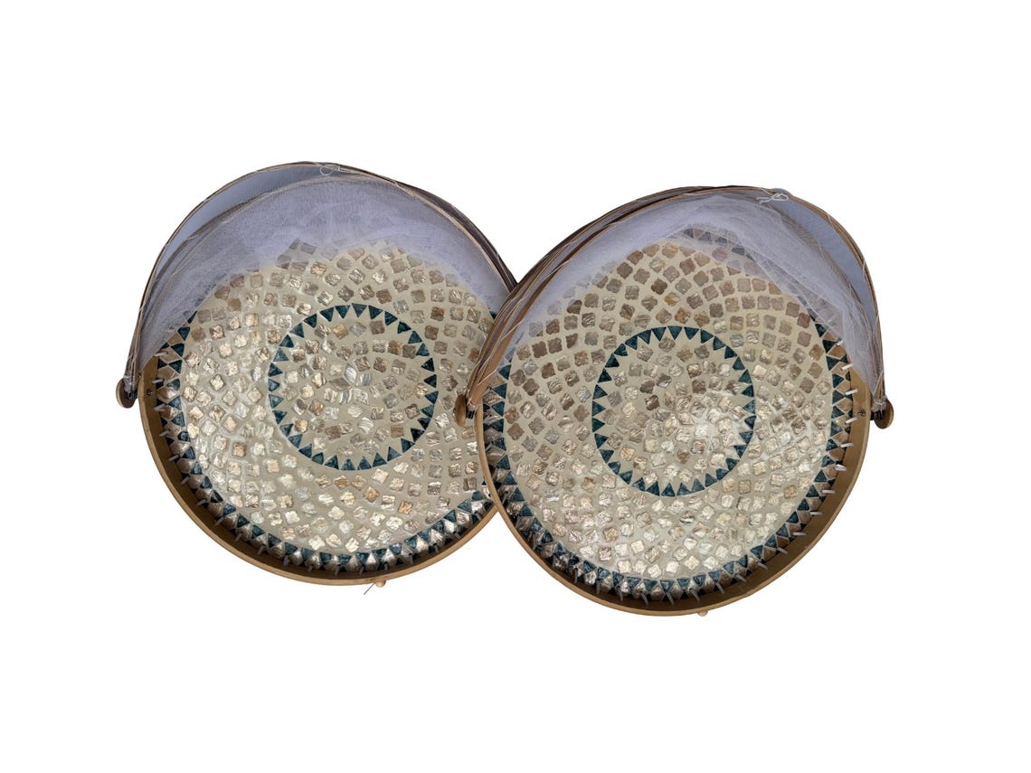 Handmade Bamboo Food Cover with Mesh Net Dome, Round Mother of Pearl Inlay Serving Tray, Large Kitchen Food Protector 18 Inch