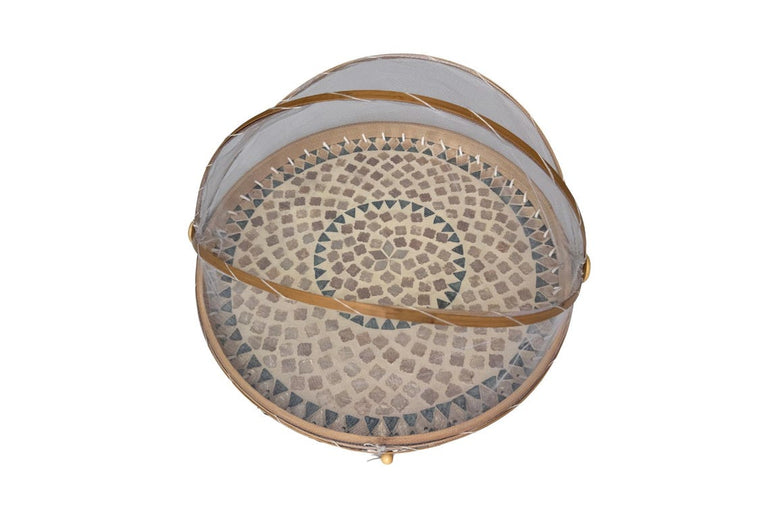 Handmade Bamboo Food Cover with Mesh Net Dome, Round Mother of Pearl Inlay Serving Tray, Large Kitchen Food Protector 18 Inch