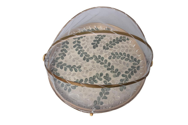 Round Bamboo Food Cover with Mesh Dome, Mother of Pearl Inlay Bamboo Tray, Handmade Food Protector, Kitchen Serving Tray 16 Inch