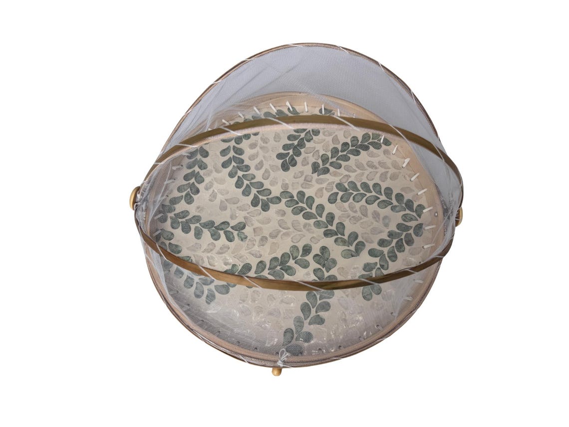 Round Bamboo Food Cover with Mesh Dome, Mother of Pearl Inlay Bamboo Tray, Handmade Food Protector, Kitchen Serving Tray 16 Inch