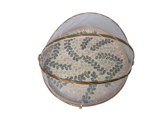 Round Bamboo Food Cover with Mesh Dome, Mother of Pearl Inlay Bamboo Tray, Handmade Food Protector, Kitchen Serving Tray 16 Inch