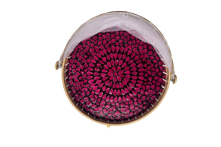 Round Bamboo Food Cover with Mesh Dome, Mother of Pearl Inlay Bamboo Tray, Handmade Food Protector, Kitchen Serving Tray 16 Inch