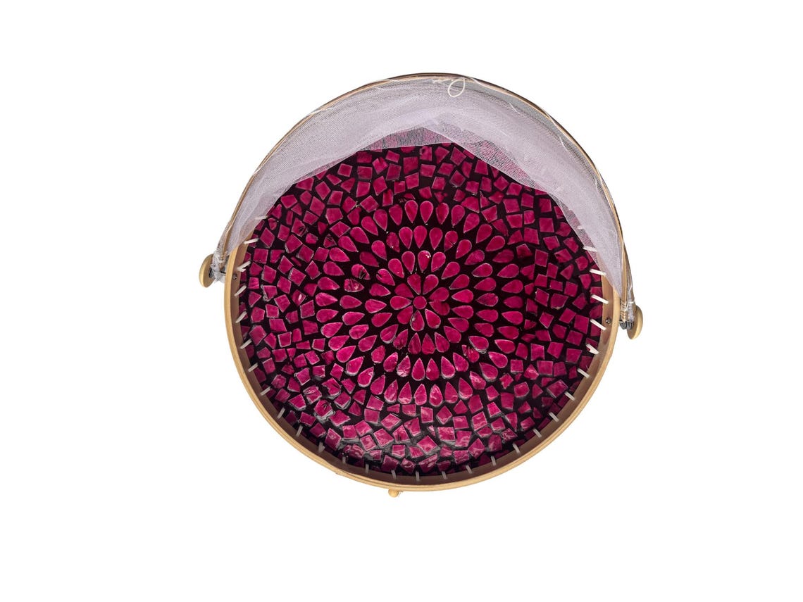 Round Bamboo Food Cover with Mesh Dome, Mother of Pearl Inlay Bamboo Tray, Handmade Food Protector, Kitchen Serving Tray 16 Inch