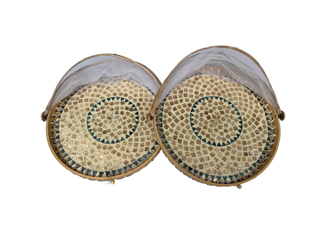 Handmade Bamboo Food Cover with Mesh Net Dome, Round Mother of Pearl Inlay Serving Tray, Large Kitchen Food Protector 18 Inch