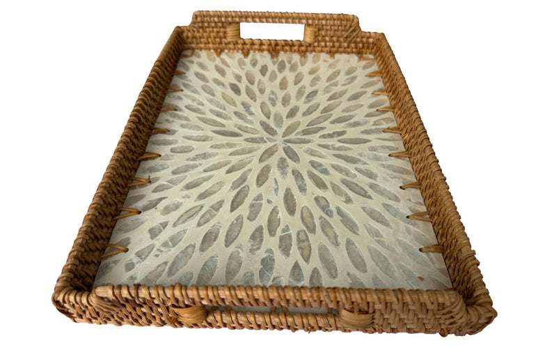 Rectangular Rattan Serving Tray with Handles, Mother of Pearl Inlay Wicker Tray for Coffee Table, Kitchen Organizer, Boho Home Decor Gift 141
