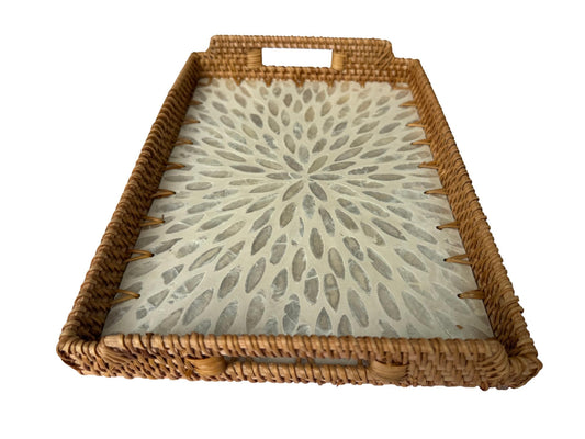 Rectangular Rattan Serving Tray with Handles, Mother of Pearl Inlay Wicker Tray for Coffee Table, Kitchen Organizer, Boho Home Decor Gift 141