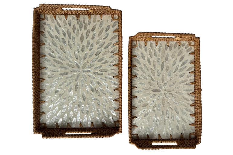 Rectangular Rattan Serving Tray with Handles, Mother of Pearl Inlay Wicker Tray for Coffee Table, Kitchen Organizer, Boho Home Decor Gift 141