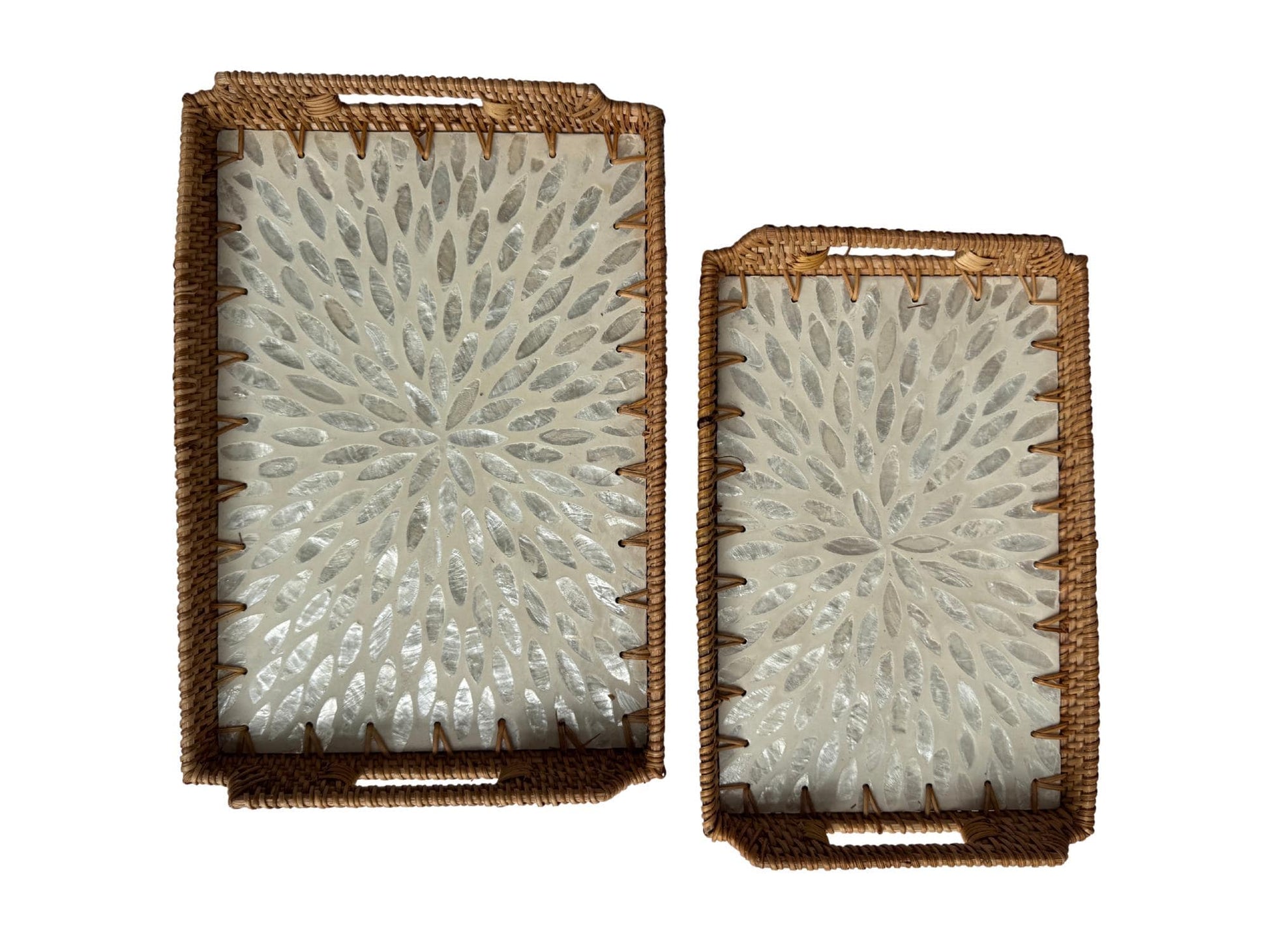 Rectangular Rattan Serving Tray with Handles, Mother of Pearl Inlay Wicker Tray for Coffee Table, Kitchen Organizer, Boho Home Decor Gift 141