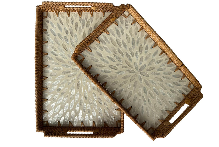 Rectangular Rattan Serving Tray with Handles, Mother of Pearl Inlay Wicker Tray for Coffee Table, Kitchen Organizer, Boho Home Decor Gift 141