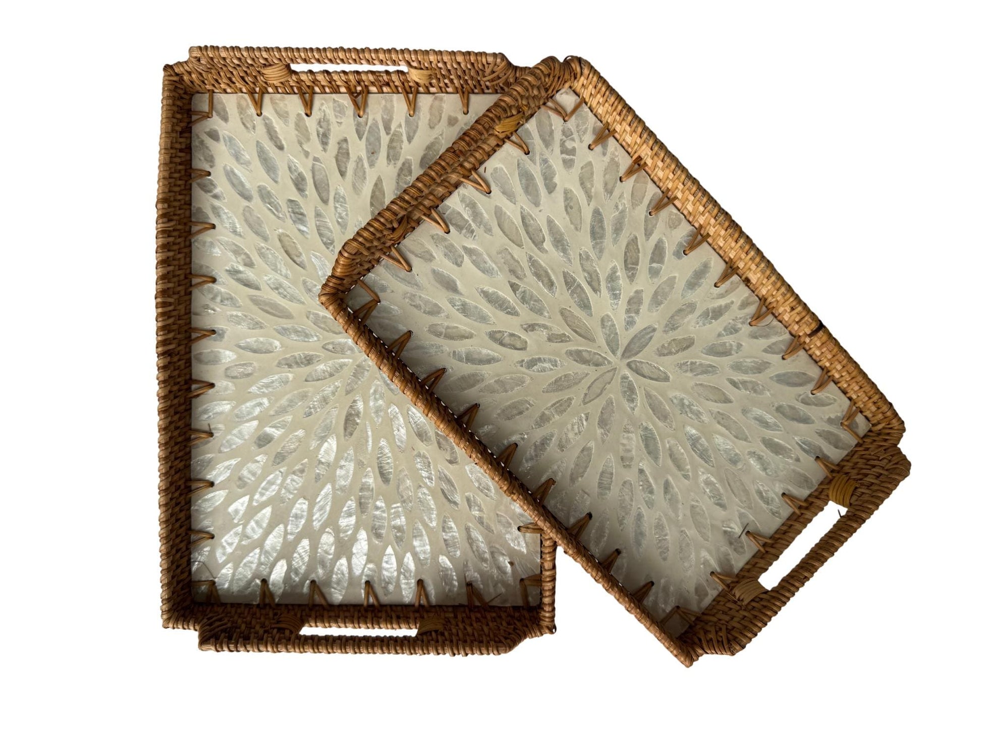 Rectangular Rattan Serving Tray with Handles, Mother of Pearl Inlay Wicker Tray for Coffee Table, Kitchen Organizer, Boho Home Decor Gift 141